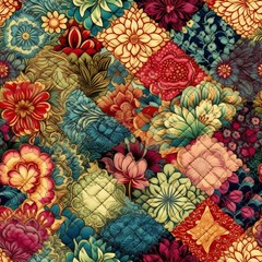 100% Cotton Fabric BTY (BY THE YARD) Vintge Floral Jeweltones Patch NOT QUILTED