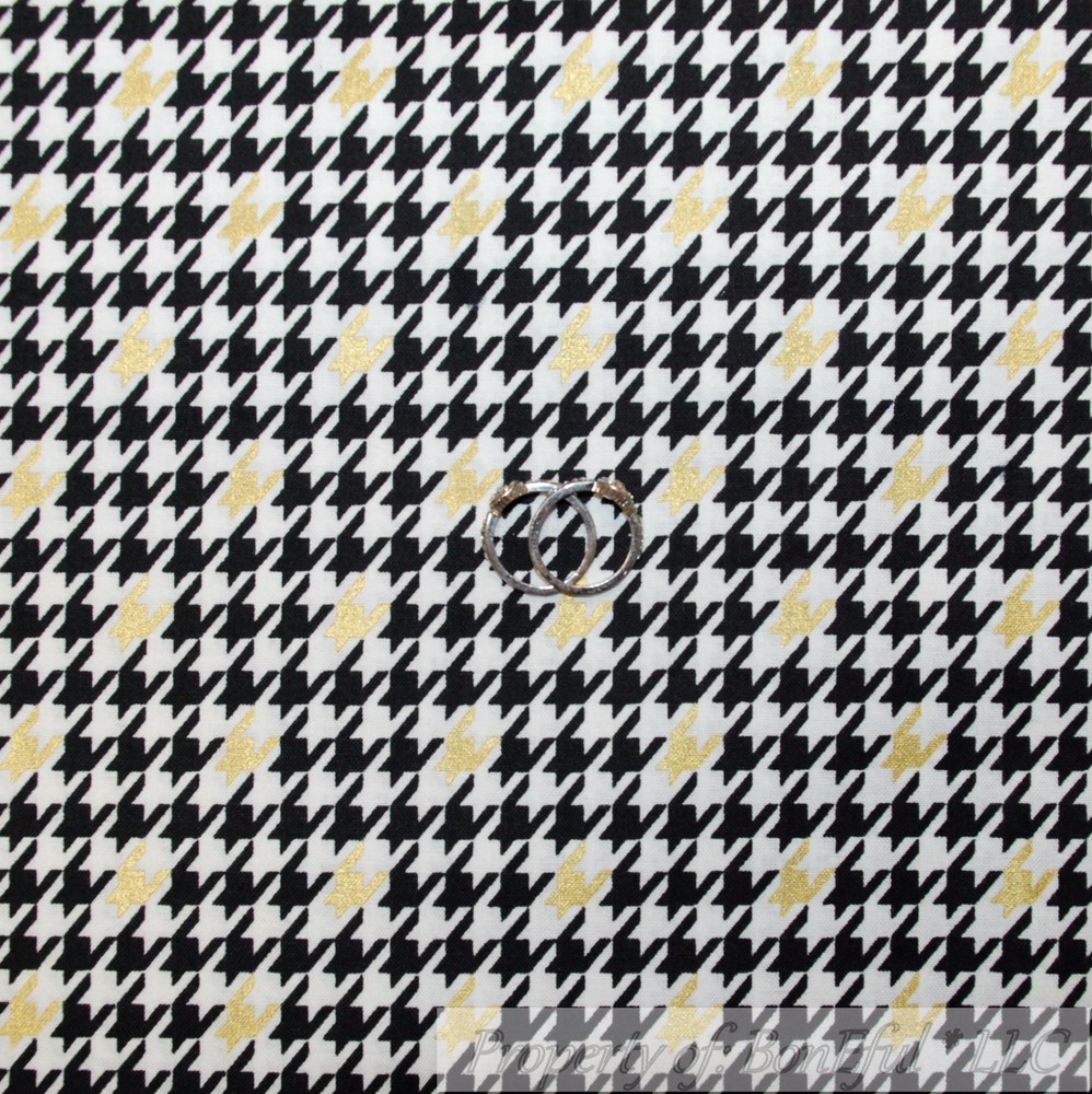 BonEful Fabric FQ Cotton Quilt VTG Black White Gold Metallic Check Stripe Block