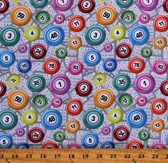 Cotton Bingo Cards and Balls Games White Fabric Print by Yard D667.85