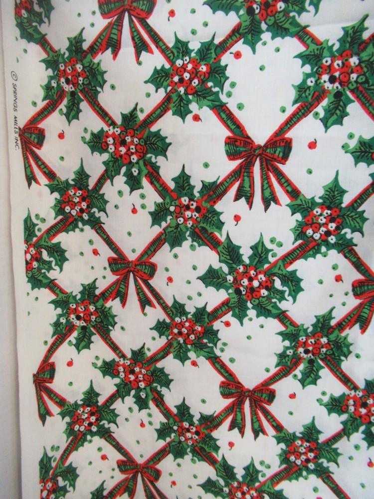 CHRISTMAS HOLLY&BOWS By Spring Mills VTG RARE WHITE MULTI SBTY X 54″ NEW