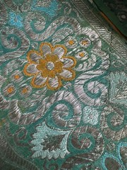 Antique Vintage Jade Green Heavy Silk Brocade Ribbon Silver Metal Thread 5”x 1YD