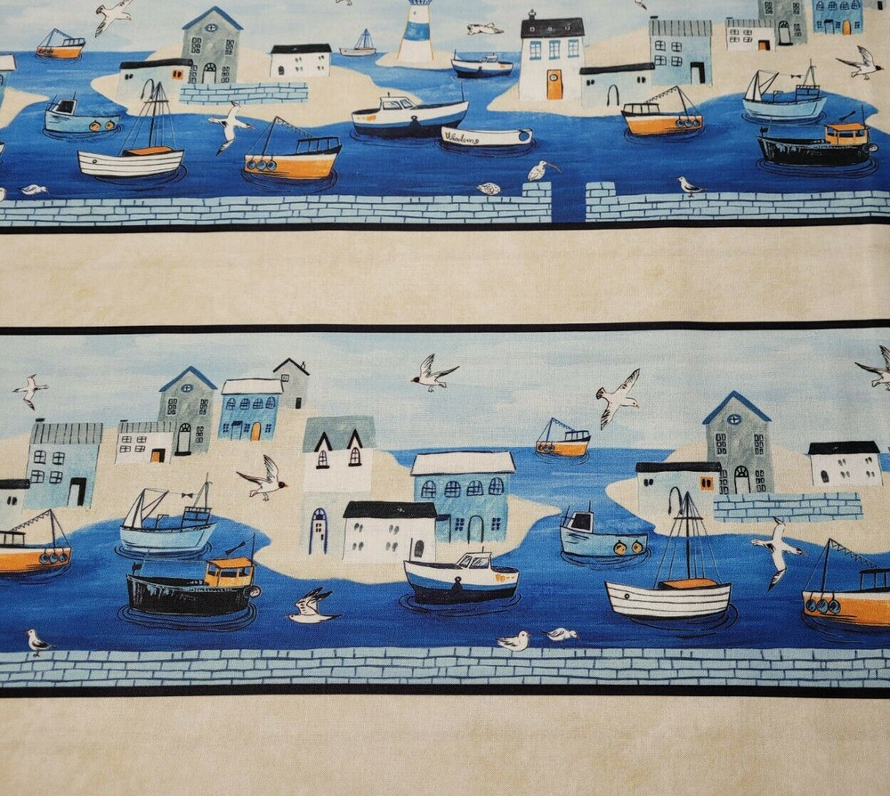 Sailors Rest BTY World Art Group P&B Textiles Scenic Stripe Fishing Village Boat