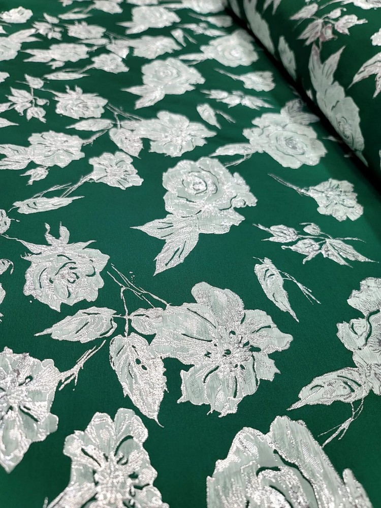 Metallic Floral Brocade Fabric By Yard Emerald Green Silver Floral Embossed