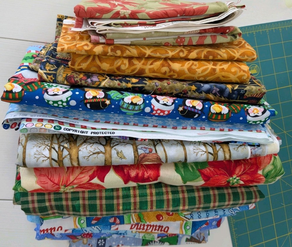 Christmas Quilt Fabric Lot 4 Pounds Birdhouses Penguins Plaid Santa Gingerbread