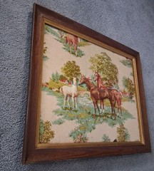Vintage Trapunto 3-D Puff Fabric Horse Scene In Wooden Frame Ready To Hang