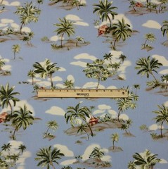 AMETEX TROPICAL ISLAND SKY BLUE #D4006 PALM TREE TIKI HUT FABRIC BY YARD 54″W