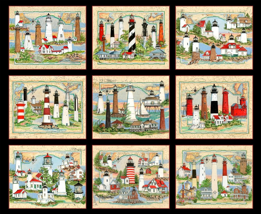 36″ X 44″ Panel Lights of Hope Blocks Lighthouses Black Cotton Fabric D680.91