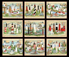 36″ X 44″ Panel Lights of Hope Blocks Lighthouses Black Cotton Fabric D680.91