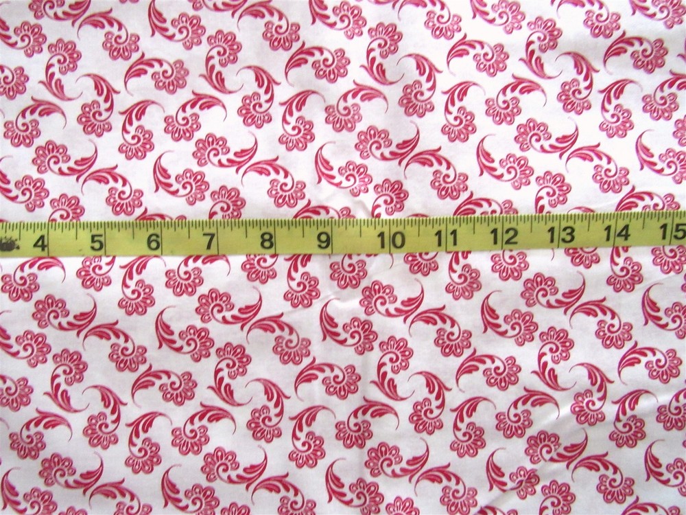 1 yd 100% Cotton Fabric White with Red Comma Shaped Flowers