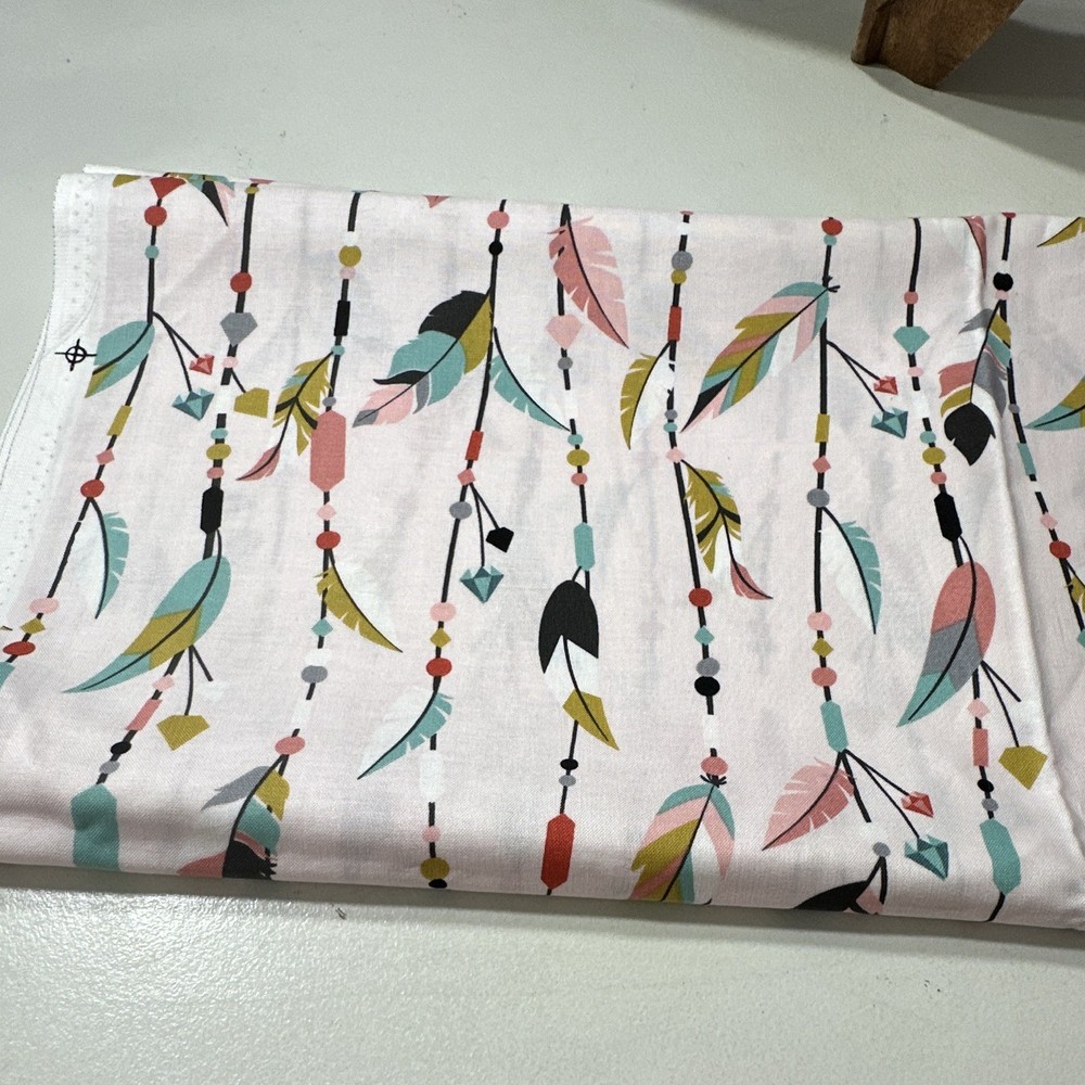 Brother Sister Design Studio Feather Print Cotton Fabric Pink Multicolor 1 yd.