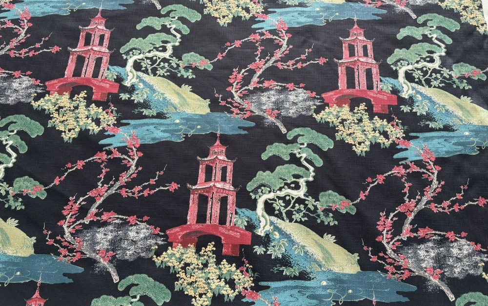Regal Zen Asian Scenic Decor Fabric | Chinoiserie Pagoda Print Upholstery Yardag