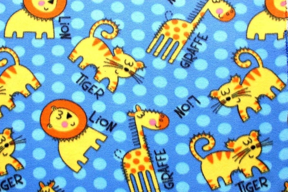 BTY*BABY LIONS TIGERS GIRAFFES ON PERIWINKLE BLUE FLEECE FABRIC 1 YD 60 X 36″