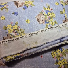 Kittens in Flowers Purple Yellow Cotton Flannel Daisy Kingdom 3 Yds Tabby Kitty