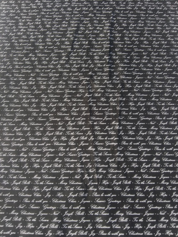 White Christmas Greetings Words on Black Cotton Fabric~Tis The Season~2+ Yards