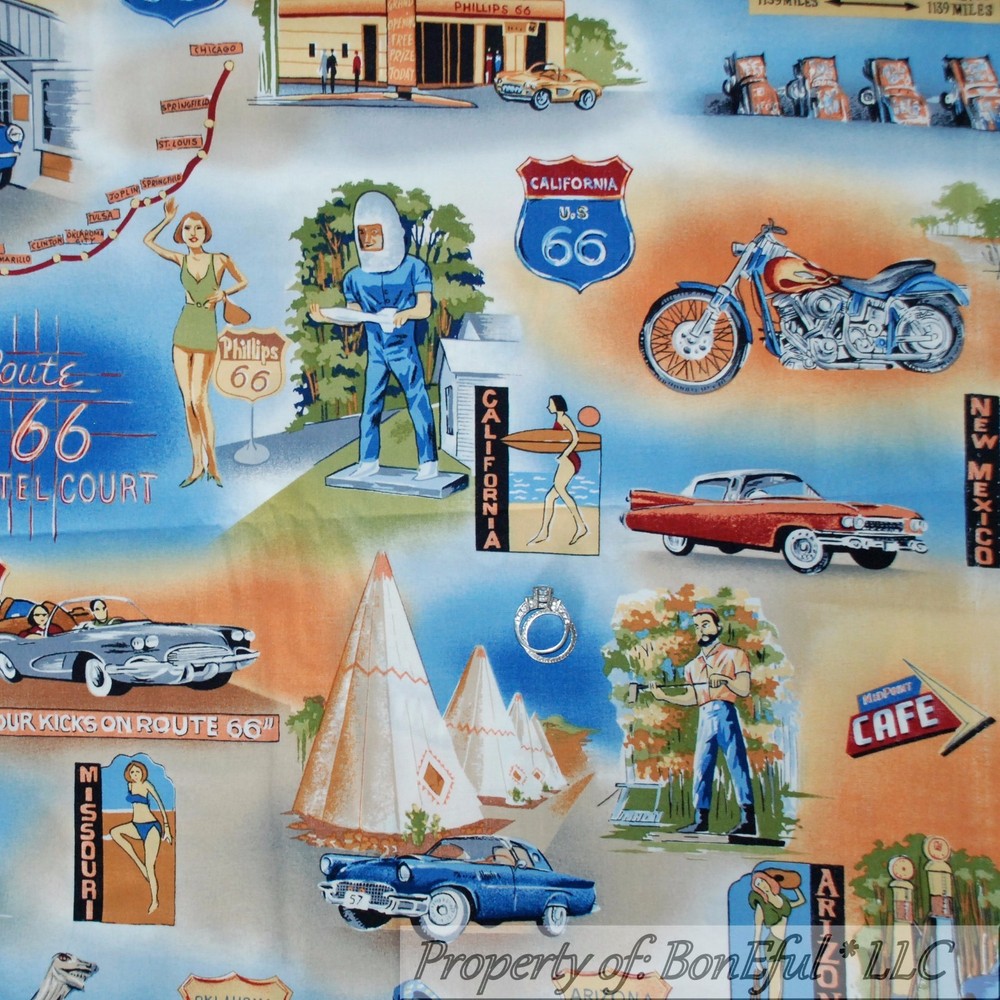BonEful Fabric FQ Cotton Quilt Blue Red White Route 66 DINER Travel America USA