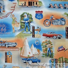 BonEful Fabric FQ Cotton Quilt Blue Red White Route 66 DINER Travel America USA