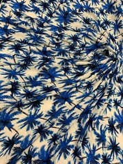 Rayon Challis Fabric By The Yard Royal Blue Palm Off White Background Tropical