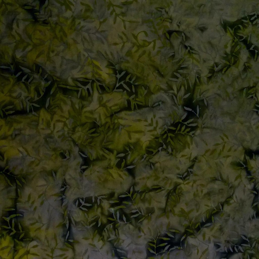 “Leaf Storm” Batik, Tossed Wispy Leaves, Olive Green, Gray & Black BTHY or BTY