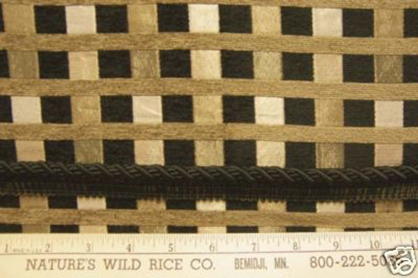Woven Checks & Stripes Fabric 56″ X 50″ in Black Gold Taupe W/Trim 58″ Black