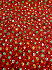VTG `70`s Ditzy CALICO Green Gold & White Florals on Red Cottagecore BTFQ