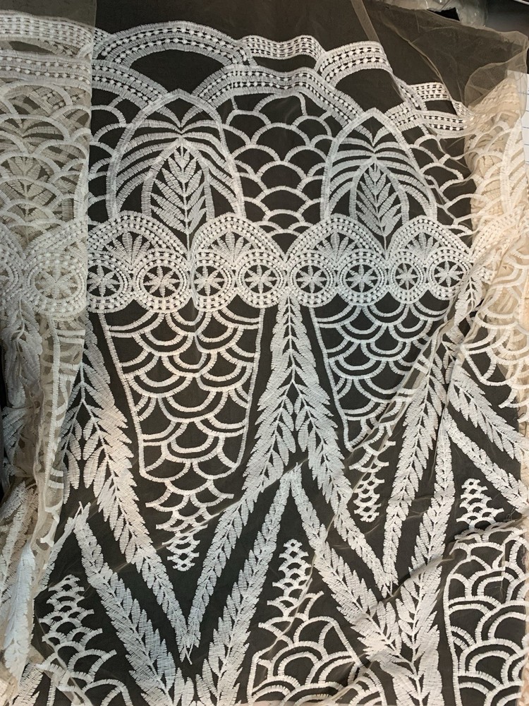 Off White Embroidered Tulle Mesh Fabric 4Yards x 44 Inches for Wedding Dress