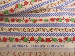 Vtg Cotton Fabric Country RED Green APPLES Blue Check Stripe on White 1yd x 44