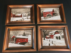 LOT OF 4 Metal Framed 11X9 Cloth Fabric Pictures of Covered Bridge & Farm Scenes
