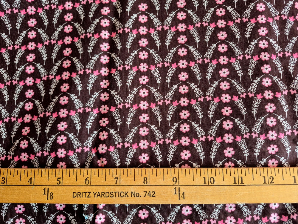 PINK FLORAL PRINT ON DARK BROWN COTTON FABRIC 66X43 INCHES 1.8 YARDS