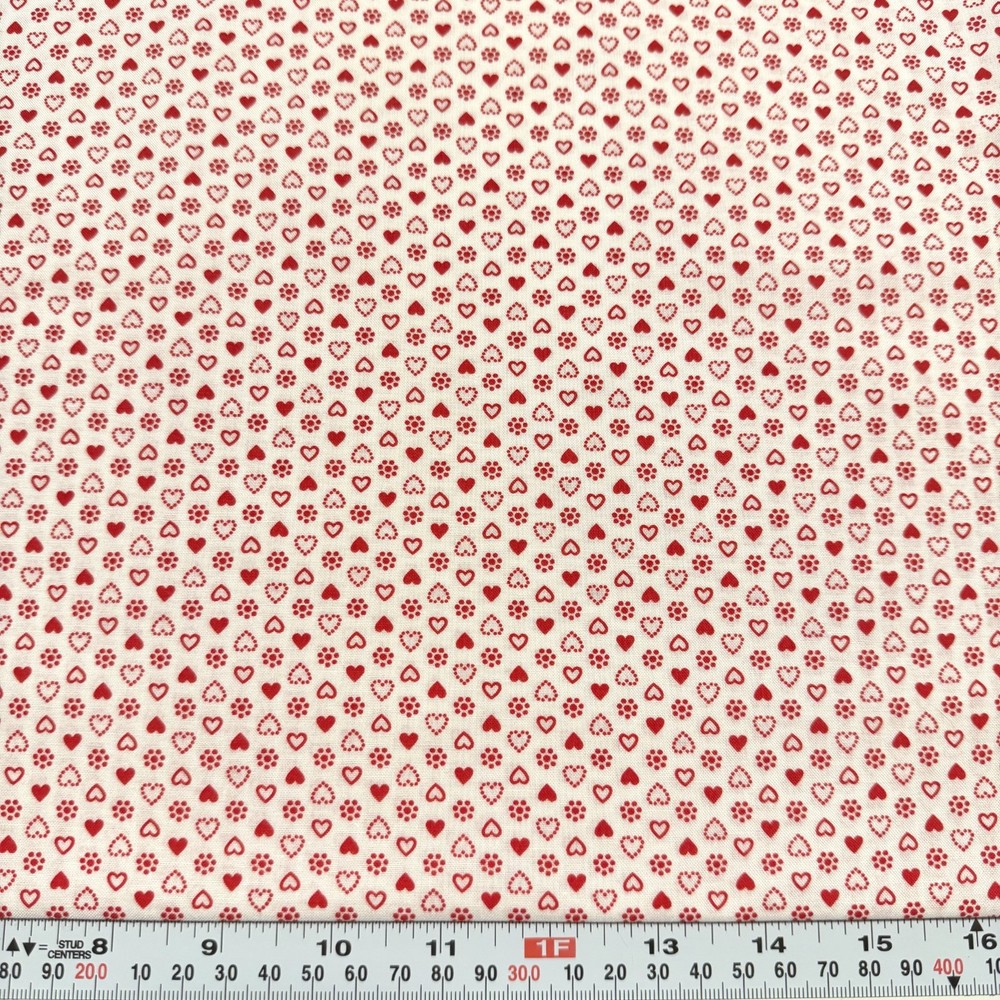 Vintage Cranston Red Hearts and Dotted Floral White Cotton by the HALF YARD