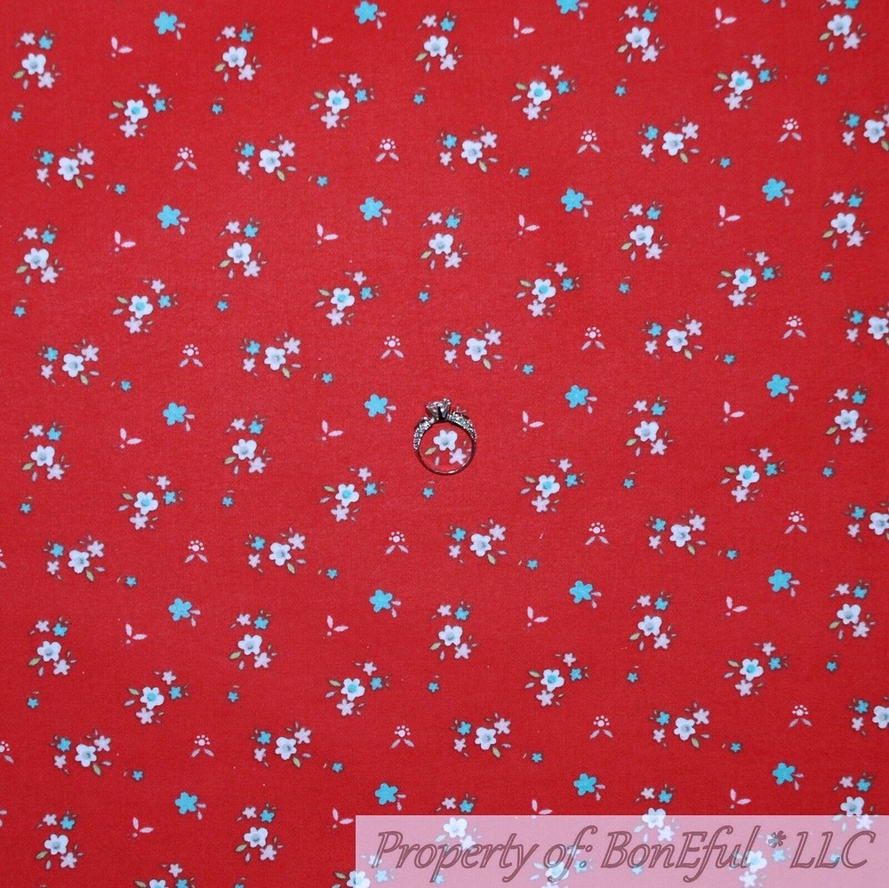 BonEful FABRIC FQ Cotton Flannel Quilt Red Blue White Tiny Small Little Flower S