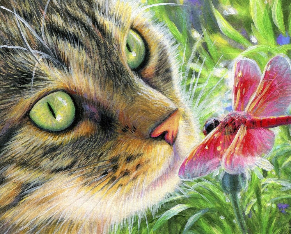 The Red Dragonfly ~ Cat~ David Textiles Fabric Panel