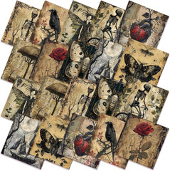 10 Pcs Halloween Gothic Skull Crow Quilting Fabric 20 X 20 Inch | Vintage Skull