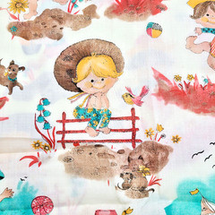 Vintage 70s Kids Cotton Fabric 2 Pieces Each 44” x 22” Outdoor Play Summer
