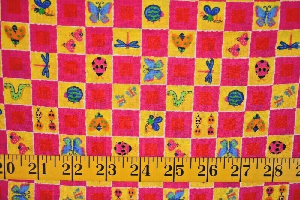 SMALL BUG SQUARES BUTTERFLY DRAGONFLY WORMS 100% COTTON FABRIC 38X43 INCHES