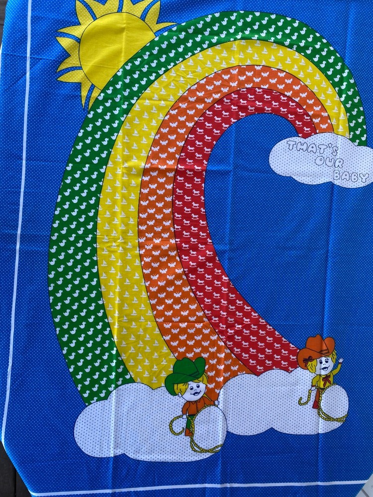 Vtg Rainbow, Sun, Thats Our Baby..Crafting Fabric Panel Bright Colors..46″ x 36″