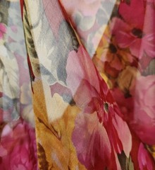 6 Yrds 52″ Silk Chiffon Fabric Floral Print Red Pink Yellow Roses Sheer Drapey