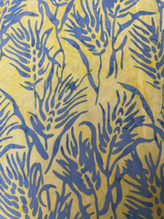 Beautiful blue leaf print on on yellow background batik, unmarked maker