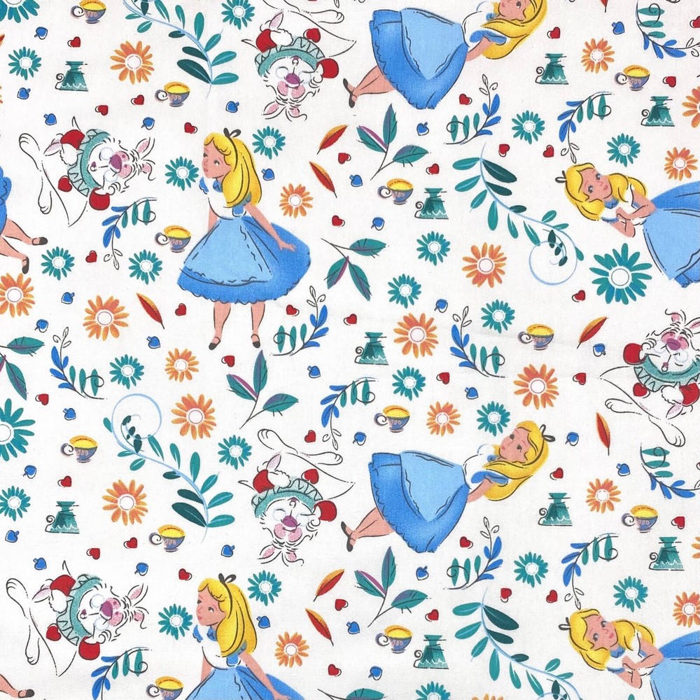 Alice in Wonderland Whimsical Pattern on White Sewing Cotton Fabric 160cm wide
