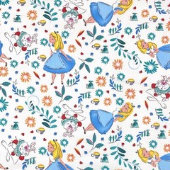 Alice in Wonderland Whimsical Pattern on White Sewing Cotton Fabric 160cm wide