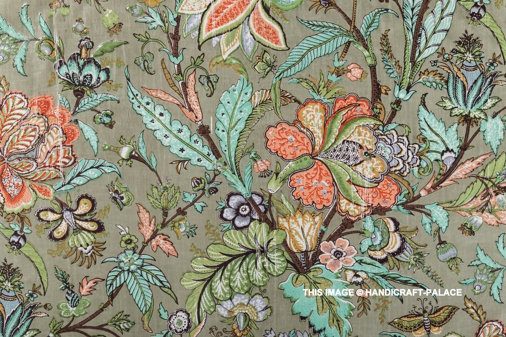 Indian 5 Yard Fabric Cotton Dress Material Sanganeri Floral Print Hand Block
