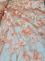 “Dusty Rose 3D Floral Beaded Lace Fabric – Sold by the Yard, Ideal for Prom and
