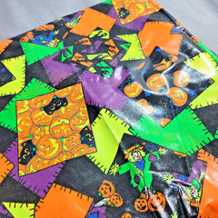 RARE Vtg Wamsutta Hallmark Cards Halloween Oil Cloth PVC Fabric 58″X106″ Neon