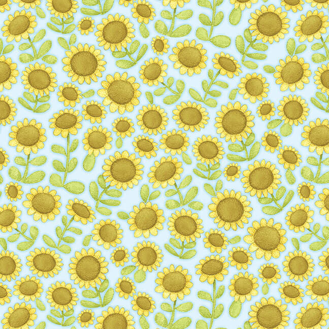 Nursery Baby Fabric | Farm Babies Sunflower Allover Blue | Henry Glass YARD