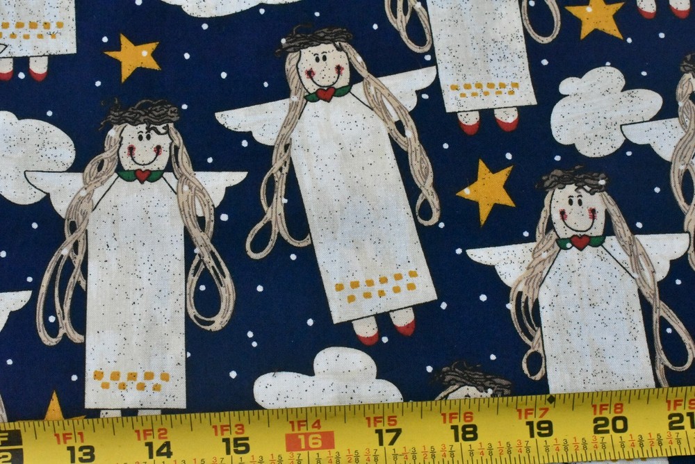 By 1/2 Yd, Cream Angel Dolls Cotton & Gold Stars on Navy Quilt Cotton, B1483