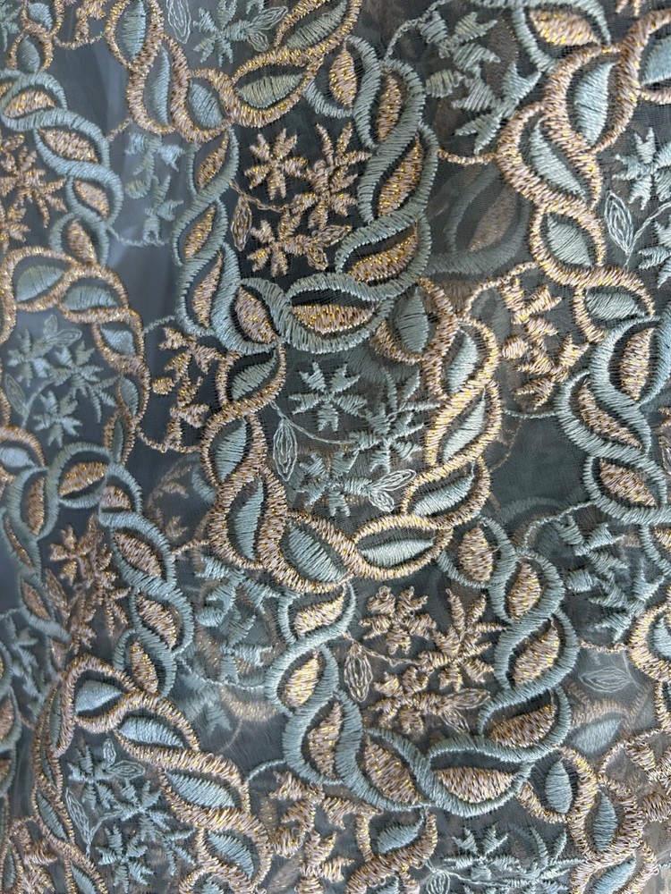 Sage Green & Gold Metallic embroidery Chiffon lace Fabric By the Yard 44″ Wide