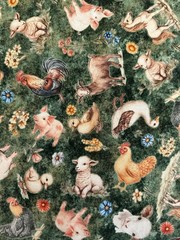 LIL FARMERS FARM ANIMALS ON GREEN HORSE PIG COW Cotton Fabric QT HALF YD