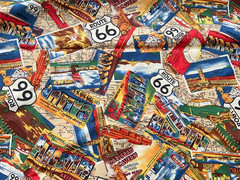 Route 66 Travel Map Destination Postcards Roadtrip Cotton Fabric by Moda 1.5 yds