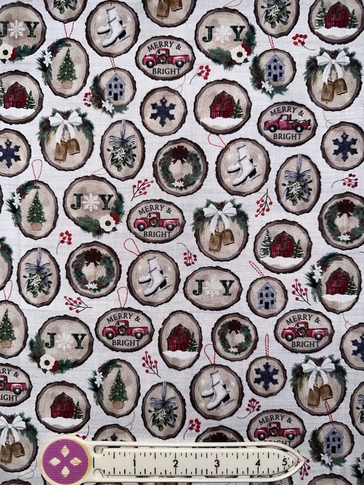 Christmas Holiday Theme Ornaments Wood-Cut Miniatures Fabric FAT QUARTER, FAT 8