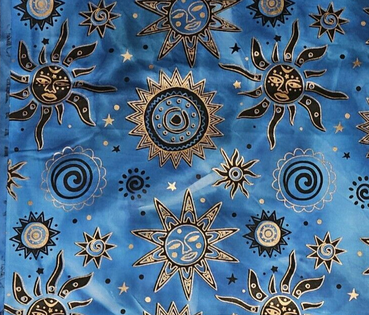Celestial Sun Stars Batik Odyssey Metallic Gold Black on Blue Cotton BY THE YARD