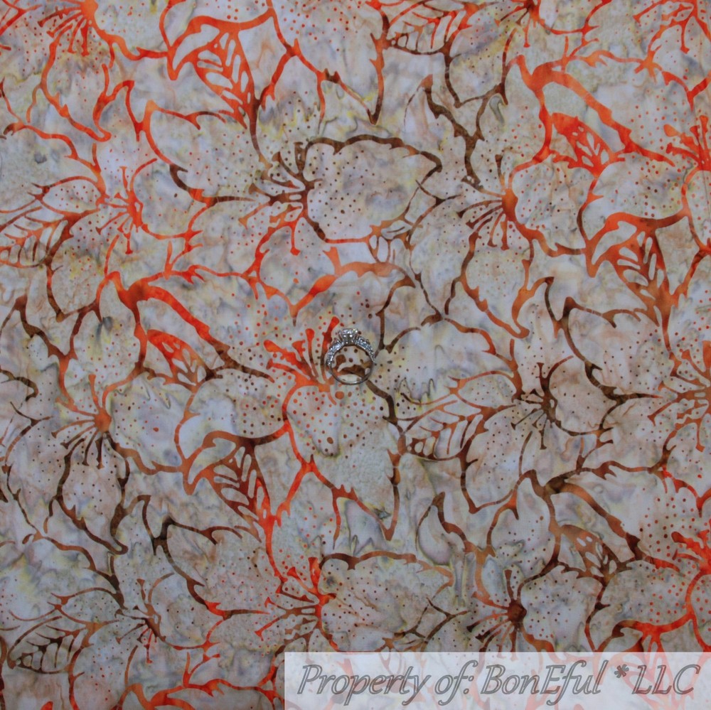 BonEful FABRIC FQ Cotton Quilt Brown Orange Tone Tonal BATIK Flower Garden Leaf